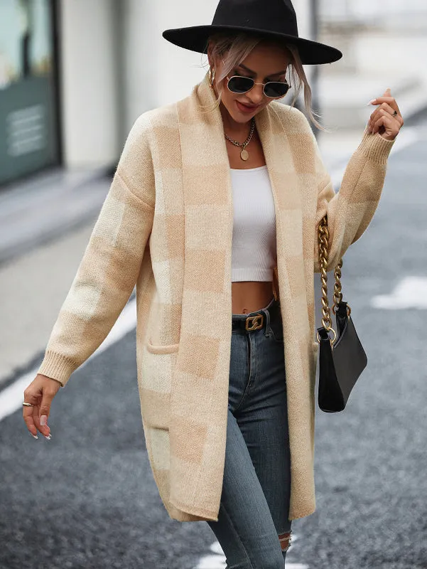 Women's Open Front Plaid Knit Cardigan
