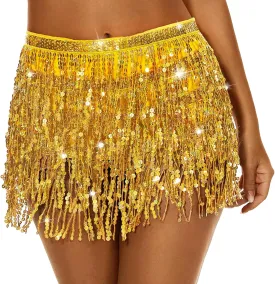 Women's Sequin Fringe Skirt Sparkle Tassel Skirts Belly Dance Hip Scarf for Girls Halloween Party Rave Costume