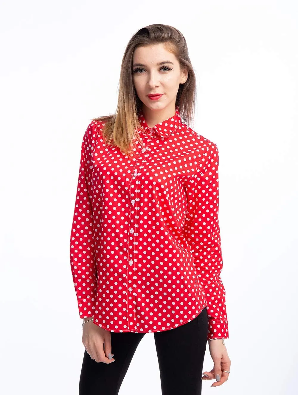 Women's Tops Feminine Long Sleeve Polka Dotted Button Down Casual Dress Blouses Shirts