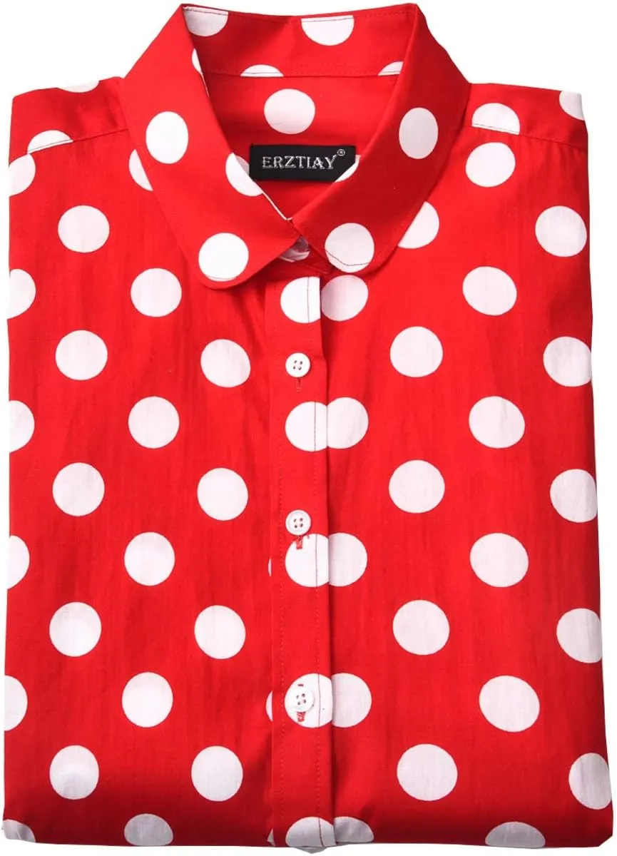 Women's Tops Feminine Long Sleeve Polka Dotted Button Down Casual Dress Blouses Shirts