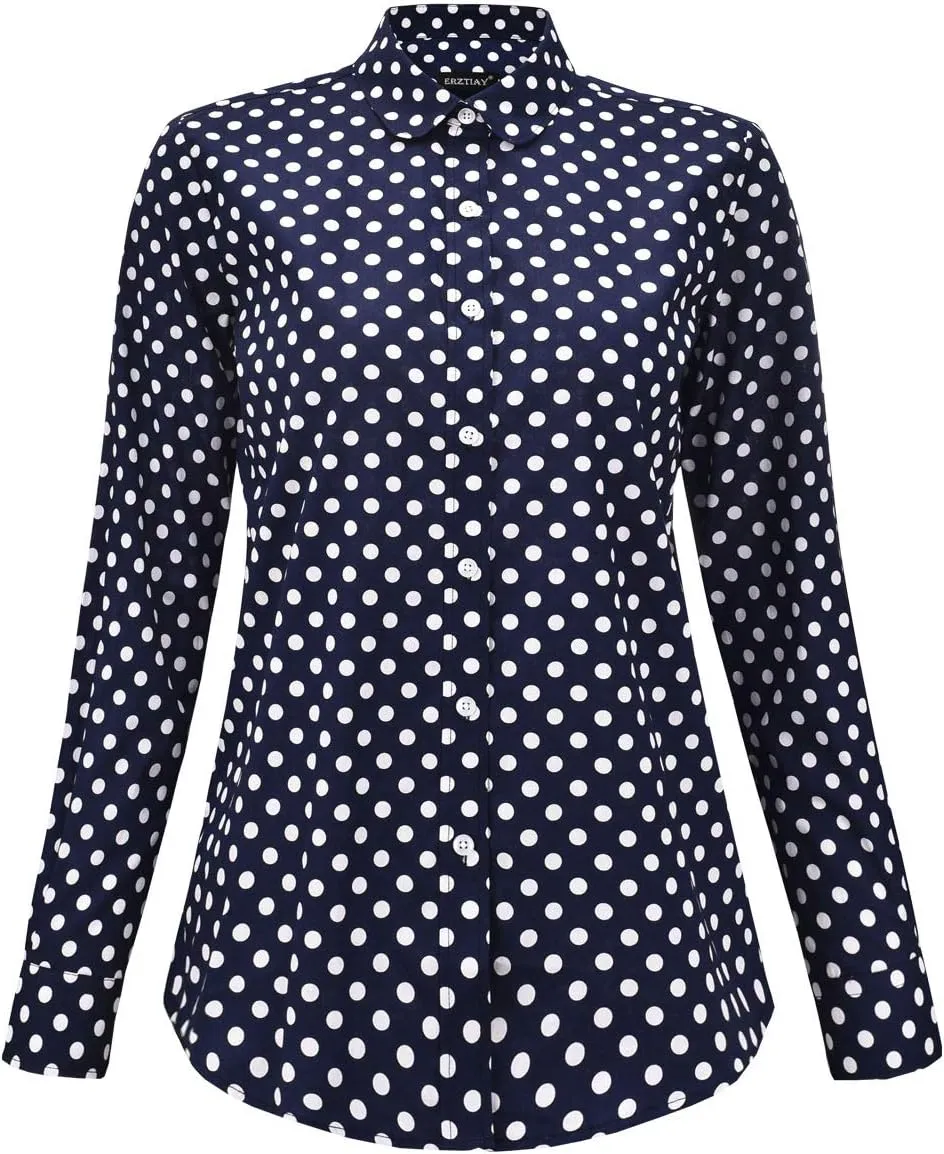 Women's Tops Feminine Long Sleeve Polka Dotted Button Down Casual Dress Blouses Shirts